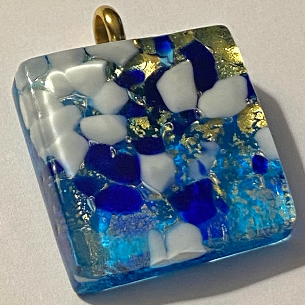 Elegant White Blue & Gold Hand Crafted Fused Glass Murano Style Pendant